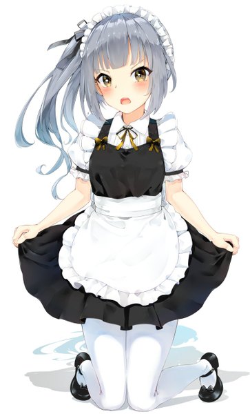 Anime picture 800x1322 with kantai collection kasumi destroyer somalisu single long hair tall image looking at viewer blush fringe open mouth simple background white background yellow eyes silver hair full body shadow short sleeves maid alternate costume embarrassed