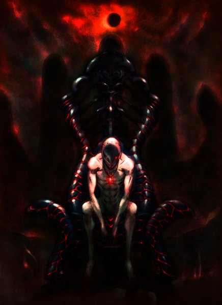 Anime picture 1025x1410 with berserk griffith et (pixiv79880) single tall image light erotic red eyes sitting nude dark background boy pendant mask helmet throne