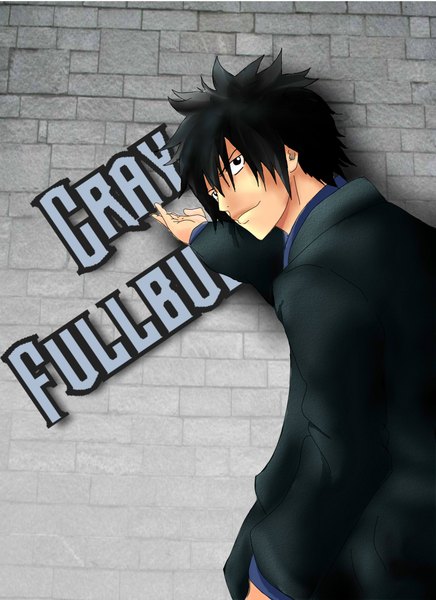 Anime picture 1696x2333 with fairy tail gray fullbuster shierass single tall image short hair black hair looking back black eyes inscription boy suit wall