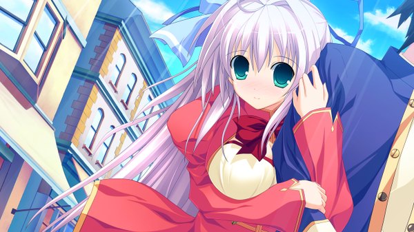 Anime picture 1280x720 with tiny dungeon (game) rosebleu note rumu long hair wide image green eyes game cg white hair girl
