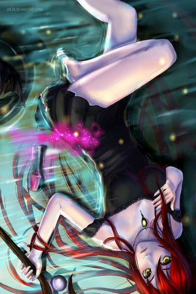 Anime picture 600x900 with original jaezx single long hair tall image bare shoulders yellow eyes bent knee (knees) red hair lying barefoot from above bare legs hand on chest witch girl dress hat water black dress