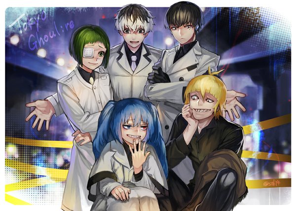 Anime picture 1100x786 with tokyo ghoul tokyo ghoul:re studio pierrot kaneki ken sasaki haise shirazu ginshi urie kuki mutsuki tooru yonebayashi saiko furushita long hair fringe short hair open mouth black hair blonde hair smile hair between eyes twintails green eyes