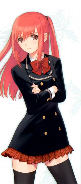 Anime picture 1400x3154 with shining (series) shining wind seena kanon tony taka single long hair tall image simple background smile white background brown eyes red hair crossed arms girl thighhighs uniform black thighhighs school uniform
