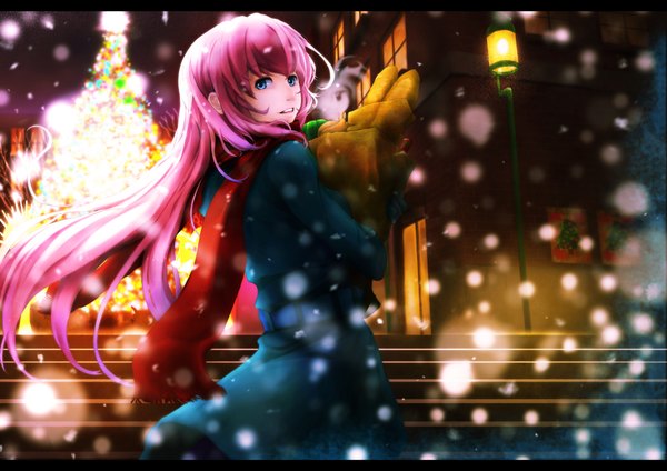 Anime picture 1771x1254 with vocaloid megurine luka single long hair highres blue eyes smile pink hair looking back light snowing letterboxed winter snow exhalation cold girl food scarf lantern