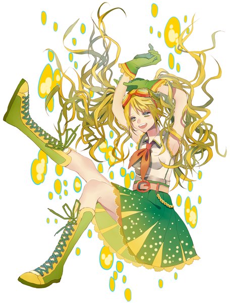 Anime picture 723x950 with original c.c. lemon c.c. lemon (character) tsukioka tsukiho single tall image open mouth simple background blonde hair white background twintails yellow eyes looking away very long hair arms up armpit (armpits) goggles on head girl skirt gloves