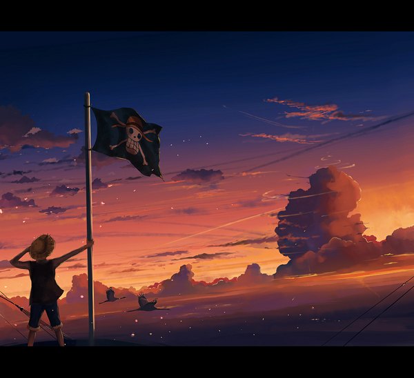 Anime picture 1094x1000 with one piece toei animation monkey d. luffy megatruh single standing holding sky cloud (clouds) from behind back evening sunset letterboxed glow pirate boy hat animal shorts