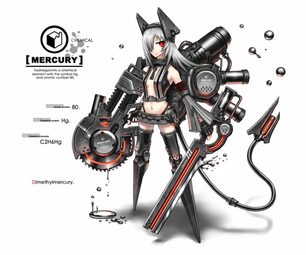 Anime picture 1300x1086 with gia long hair fringe simple background red eyes white background white hair hair over one eye mecha musume girl weapon mecha