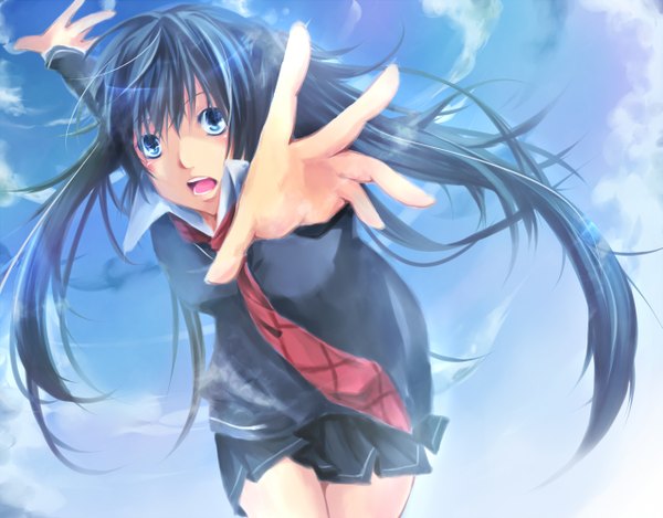 Anime picture 1277x1000 with vocaloid monochro blue sky (vocaloid) hatsune miku single long hair blush fringe open mouth blue eyes blue hair sky cloud (clouds) running girl skirt uniform school uniform shirt necktie