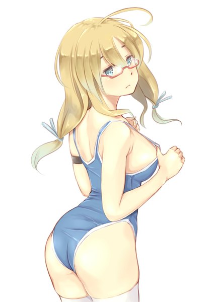 Anime picture 1223x1736 with kantai collection i-8 submarine wa (genryusui) single long hair tall image looking at viewer breasts blue eyes light erotic simple background blonde hair white background ahoge ass sideboob turning head girl thighhighs swimsuit