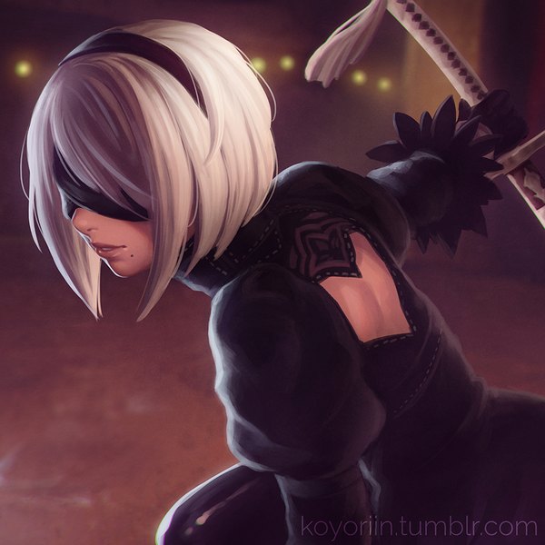 Anime picture 900x900 with nier nier:automata yorha no. 2 type b koyoriin single short hair wide image holding signed upper body white hair parted lips profile light smile lips blurry mole outstretched arm watermark mole under mouth