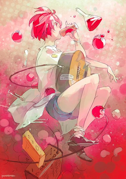 Anime picture 750x1065 with original pomodorosa single tall image short hair red eyes looking away red hair wind polka dot casual drinking girl shirt shorts boots bracelet drink guitar vegetables