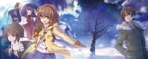 Anime picture 1600x640 with kanon key (studio) tsukimiya ayu minase nayuki sawatari makoto kawasumi mai aizawa yuuichi yuugen short hair brown hair wide image multiple girls sky cloud (clouds) ponytail one eye closed wink lens flare winter group