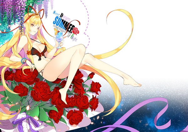 Anime picture 1400x990 with touhou yakumo yukari roh nam kyung single looking at viewer fringe breasts light erotic blonde hair smile yellow eyes full body very long hair legs dotted line girl flower (flowers) ribbon (ribbons) swimsuit hair ribbon