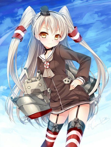 Anime picture 606x800 with kantai collection amatsukaze destroyer rensouhou-kun grandia bing long hair tall image blush yellow eyes sky silver hair cloud (clouds) two side up hand on hip girl thighhighs hair ornament hat hair tubes sailor suit mini hat