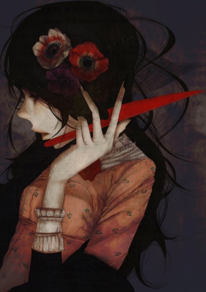 Anime picture 1240x1754 with original rio emoto single long hair tall image open mouth brown hair holding nail polish profile hair flower black nail polish dark hair girl hair ornament flower (flowers) weapon knife hand