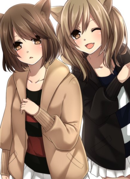 Anime picture 800x1100 with original yamasuta tall image looking at viewer blush short hair open mouth simple background brown hair white background multiple girls brown eyes animal ears teeth fang (fangs) ;d girl 2 girls sweater