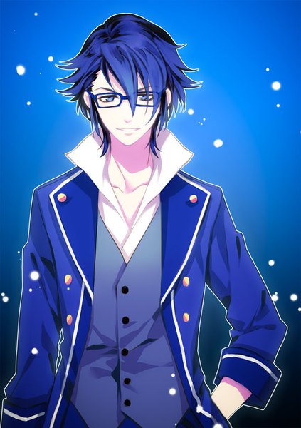 Anime picture 595x842 with k-project gohands (studio) fushimi saruhiko lm 0063 single tall image looking at viewer fringe short hair blue eyes simple background smile hair between eyes blue hair upper body hand on hip blue background boy glasses buttons