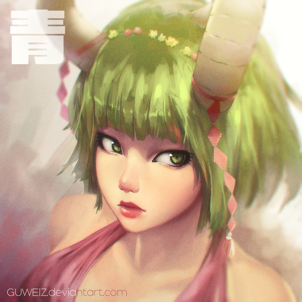 Anime picture 900x900 with guweiz single fringe short hair bare shoulders green eyes looking away horn (horns) green hair lips inscription lipstick close-up red lipstick girl