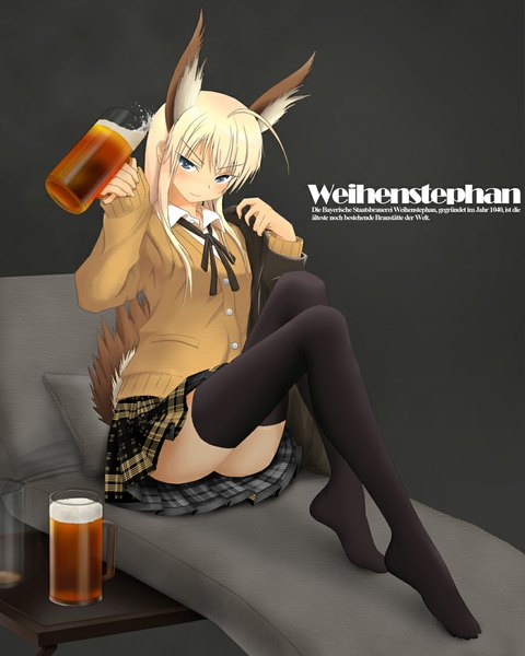 Anime picture 880x1100 with strike witches hanna-justina marseille joyz2008 single long hair tall image looking at viewer blush blue eyes blonde hair animal ears tail animal tail legs girl thighhighs skirt black thighhighs sweater alcohol