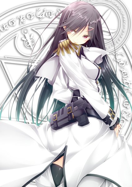 Anime picture 709x1000 with mahou sensou madhouse aiba mui luna lia single long hair tall image looking at viewer black hair smile red eyes standing looking back magic girl thighhighs uniform hair ornament weapon hairclip