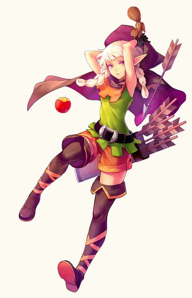 Anime picture 600x930 with dragon's crown vanillaware elf (dragon's crown) evers (artist) single long hair tall image looking at viewer fringe simple background white background white hair braid (braids) pink eyes pointy ears twin braids arms behind head girl gloves animal