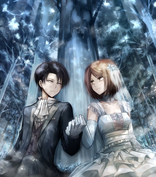Anime picture 1500x1700 with shingeki no kyojin production i.g levi (rivaille) petra ral tall image short hair black hair brown hair brown eyes couple wedding girl dress boy gloves plant (plants) tree (trees) elbow gloves wedding dress wedding veil