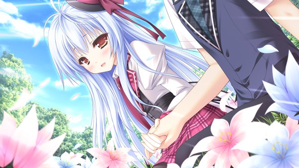 Anime picture 1280x720 with hanairo heptagram fujisaki mao moekibara fumitake long hair blush red eyes wide image game cg white hair girl boy uniform flower (flowers) school uniform hat