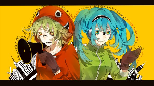 Anime picture 1600x900 with vocaloid matryoshka (vocaloid) hatsune miku gumi newo (shinra-p) simple background wide image twintails multiple girls blue hair green hair tattoo yellow background multicolored eyes girl gloves 2 girls hairband headphones hood