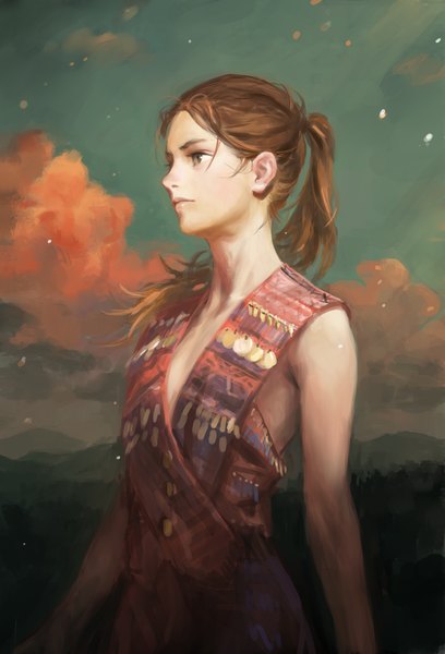 Anime picture 1305x1920 with original arata yokoyama single long hair tall image breasts brown hair standing brown eyes looking away sky cloud (clouds) outdoors ponytail wind flat chest girl dress petals
