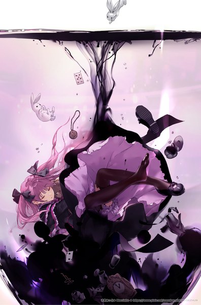 Anime picture 900x1363 with original macciatto (aciel02) single long hair tall image fringe signed pink hair blunt bangs eyes closed two side up watermark underwater lolita fashion revision shoes removed girl thighhighs dress bow