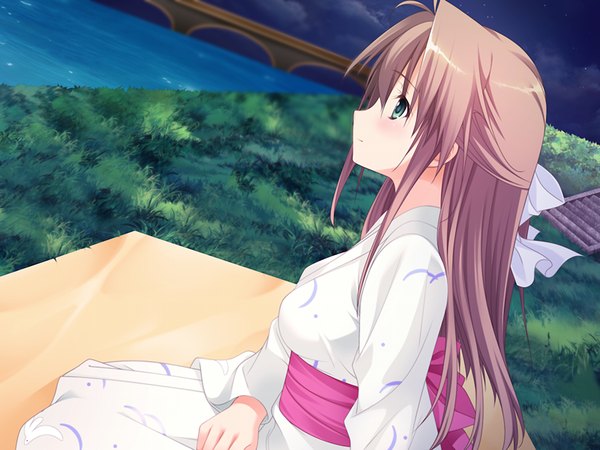 Anime picture 1024x768 with fluorite memories long hair brown hair green eyes game cg japanese clothes girl kimono