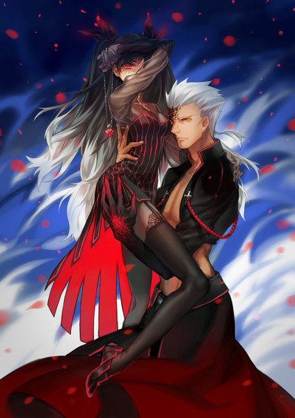 Anime picture 1080x1527 with fate (series) fate/stay night type-moon toosaka rin archer (fate) carrot (supercarrot) tall image short hair black hair red eyes holding yellow eyes silver hair white hair multicolored hair open clothes open jacket two-tone hair tattoo heterochromia
