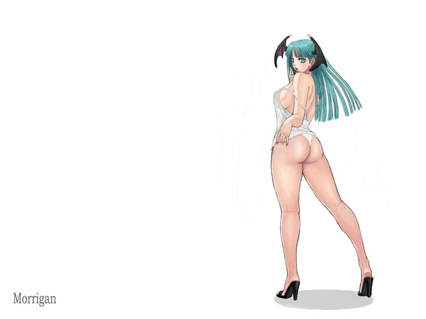 Anime picture 1024x768 with vampire / darkstalkers (game) capcom morrigan aensland ark long hair breasts open mouth light erotic standing bare shoulders green eyes ass nail polish green hair high heels legs sideboob demon girl head wings succubus