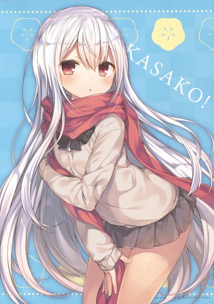 Anime picture 2402x3407 with original kasako (kasu) komeshiro kasu single tall image looking at viewer blush fringe highres simple background hair between eyes red eyes signed silver hair very long hair pleated skirt scan leaning leaning forward character names
