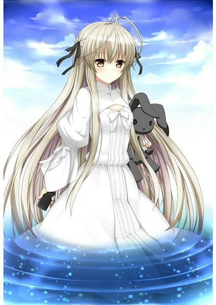 Anime picture 826x1169 with yosuga no sora kasugano sora jampen single long hair tall image looking at viewer brown eyes sky silver hair cloud (clouds) girl dress toy stuffed animal stuffed rabbit