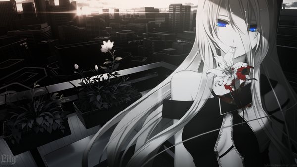 Anime picture 1920x1080 with vocaloid lily (vocaloid) yuuki kira lyfoon single long hair looking at viewer highres breasts blue eyes light erotic blonde hair wide image bare shoulders holding mouth hold monochrome close-up lightning flower in mouth