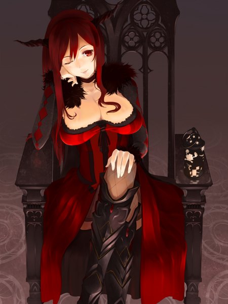 Anime picture 1170x1560 with maoyuu maou yuusha arms corporation maou (maoyuu) miso ni long hair tall image breasts light erotic red eyes large breasts sitting red hair one eye closed horn (horns) wink legs crossed legs girl dress