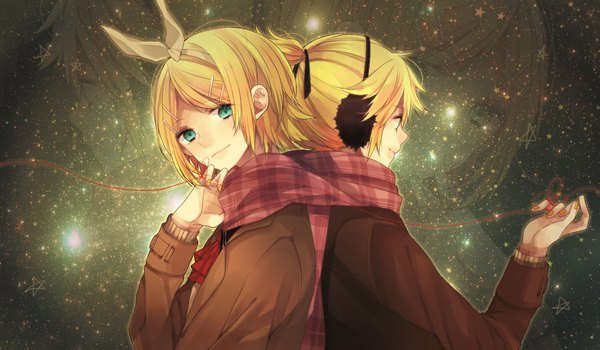 Anime picture 1200x700 with vocaloid kagamine rin kagamine len xxxxxymdy looking at viewer short hair blonde hair smile wide image aqua eyes winter zoom layer twins back to back shared scarf girl boy hair ornament bow hair bow