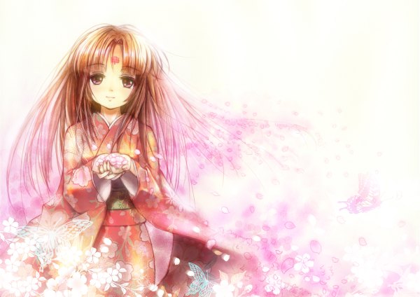 Anime picture 1200x848 with original miyai haruki single long hair looking at viewer fringe simple background brown hair white background holding traditional clothes japanese clothes pink eyes light smile wind forehead mark girl petals kimono insect