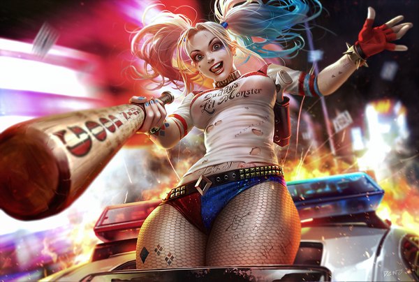 Anime picture 1400x943 with batman suicide squad dc comics harley queen dcwj single long hair looking at viewer breasts open mouth light erotic blonde hair smile sitting twintails holding signed nail polish multicolored hair blurry