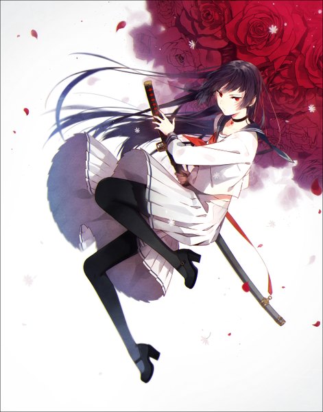 Anime picture 1100x1400 with original hakusai (tiahszld) single long hair tall image looking at viewer fringe black hair simple background red eyes white background full body bent knee (knees) pleated skirt high heels floating hair sheathed upskirt ready to draw girl
