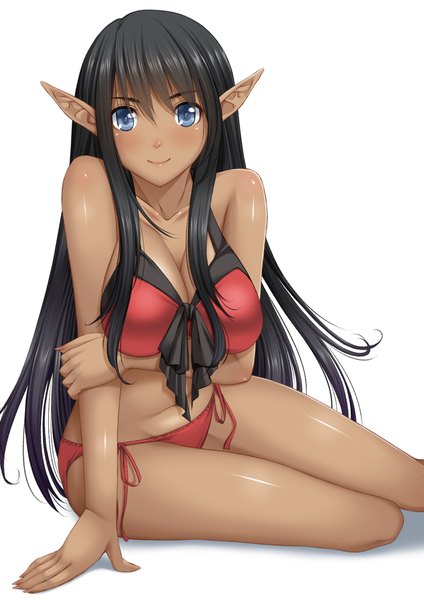 Anime picture 744x1052 with original chiro (pixiv) single long hair tall image blue eyes light erotic black hair simple background smile white background pointy ears dark skin dark elf girl swimsuit bikini