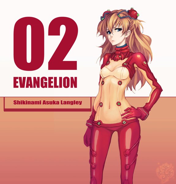 Anime picture 2015x2105 with neon genesis evangelion gainax soryu asuka langley youtsuu single long hair tall image highres blue eyes orange hair inscription hand on hip covered navel girl bodysuit pilot suit