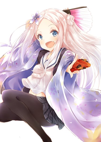 Anime picture 2507x3541 with hanayamata madhouse hana n. fontainestand hiiragi yashiro single long hair tall image looking at viewer highres open mouth blue eyes simple background white background pink hair pleated skirt hair flower teeth bare belly hair bun (hair buns) fang (fangs)