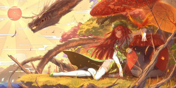 Anime picture 2343x1178 with touhou hong meiling horai no han gengetsu long hair looking at viewer blush highres red eyes wide image red hair wind chinese clothes fantasy autumn girl thighhighs plant (plants) animal petals tree (trees)
