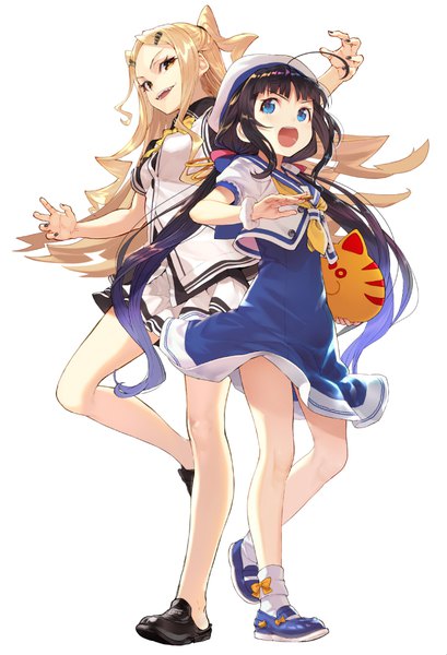 Anime picture 731x1071 with ryuuou no oshigoto! hinatsuru ai sainokami ika shirabi long hair tall image open mouth blue eyes black hair simple background blonde hair red eyes white background twintails multiple girls full body ahoge nail polish official art two side up