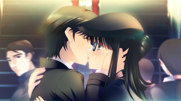 Anime picture 1280x720 with white album 2 touma kazusa long hair blush short hair blue eyes black hair wide image game cg couple kiss girl boy glasses beret