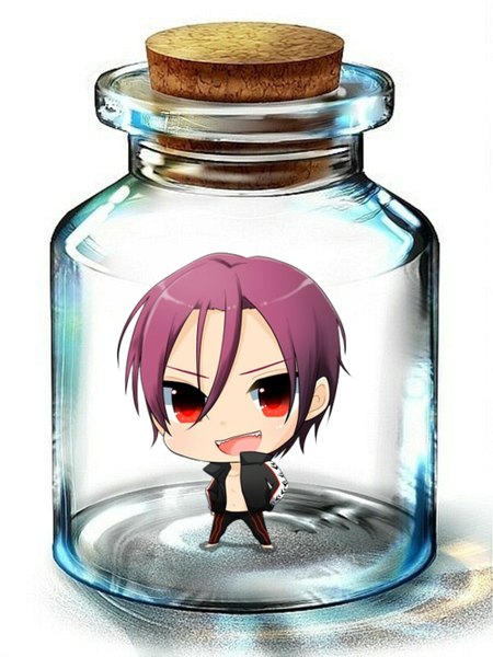 Anime picture 1000x1333 with free! kyoto animation matsuoka rin single tall image looking at viewer short hair open mouth simple background red eyes standing white background purple eyes open clothes open jacket chibi in bottle boy jacket bottle