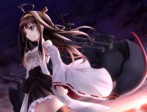 Anime picture 1428x1092 with kantai collection kongou battleship yayayoruyoru single long hair blue eyes brown hair bare shoulders looking away sky cloud (clouds) ahoge traditional clothes nontraditional miko girl hair ornament weapon detached sleeves