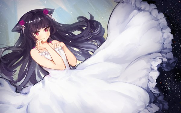 Anime picture 2000x1250 with ore no imouto ga konna ni kawaii wake ga nai gokou ruri k (sktchblg) single long hair looking at viewer blush fringe highres black hair animal ears hair flower light smile wind cat ears night mole sparkle night sky mole under eye